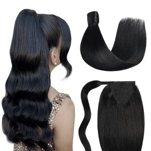 HUMAN HAIR 16” Remy Ponytail Extension Wrap Around Clip in Hair 80G Jet Black